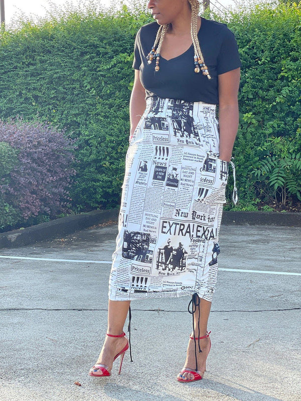 Newspaper Letter Print Drawstring Skirt