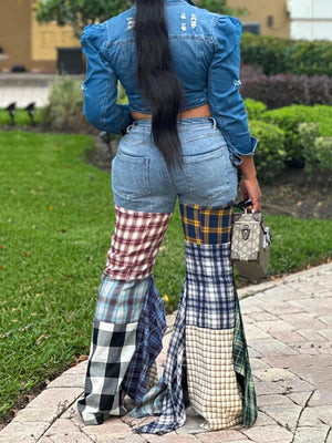 Plaid Patchwork Denim Jeans