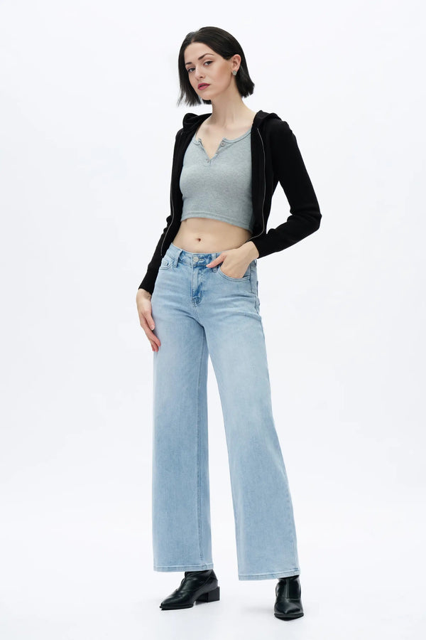 ONESO Women Mid-Low Rise Baggy BBL Jeans Wide Leg Distressed Pants Stretchy Bottom Lady Basic Comfortable Denim