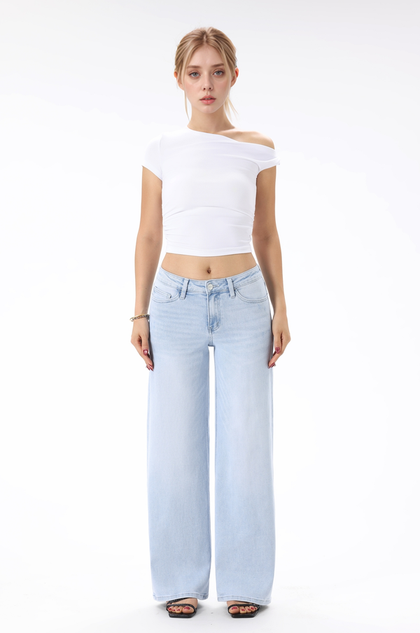 ONESO Mid-Low Rise Baggy Jeans Wide Leg for Women Distressed Pants Stretchy Bottom Lady Basic Comfortable Denim