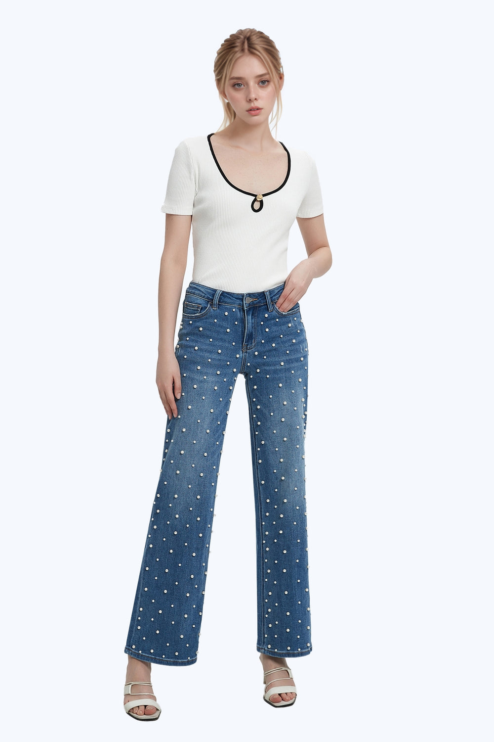 ONESO Wide Leg Mid-Low Rise Baggy Jeans for Women Distressed Pants Stretchy Bottom Lady Basic Comfortable Denim