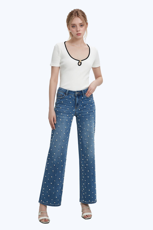 ONESO Wide Leg Mid-Low Rise Baggy BBL Jeans for Women Distressed Pants Stretchy Bottom Lady Basic Comfortable Denim