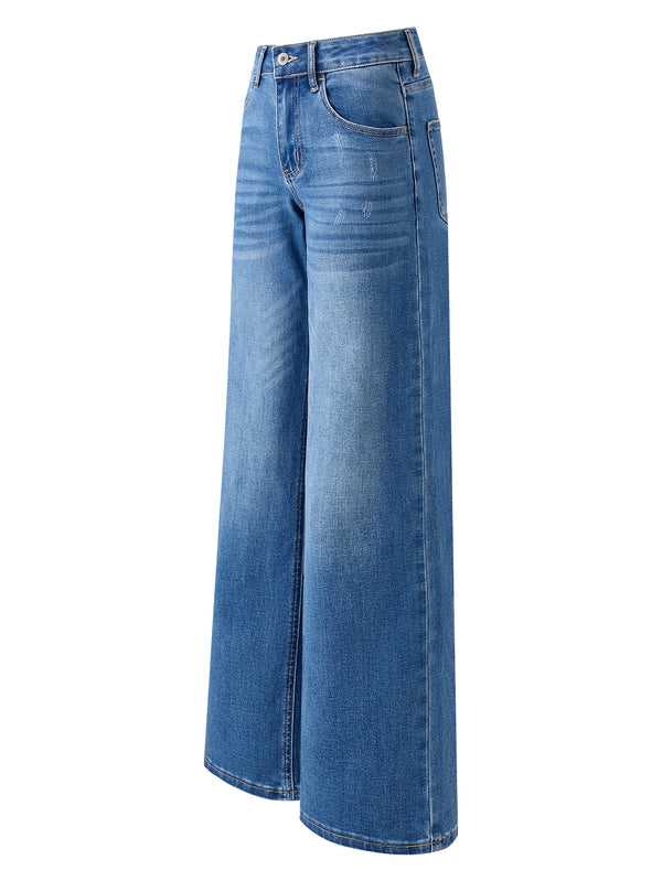 SHAPUM Women's Mid Rise Relaxed Fit Wide Leg Stretch Cuffed Jeans