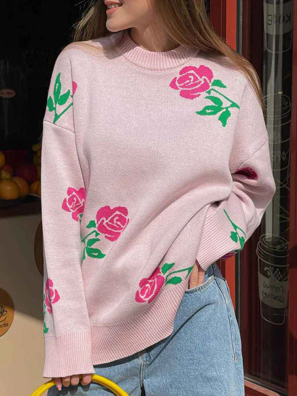 Round Neck Rose Print Sweater