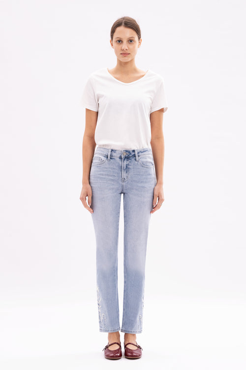 Bloomie Mid Waist EmbroideredHem Stretchy Jeans Women Straight Leg CasualDenim Pants