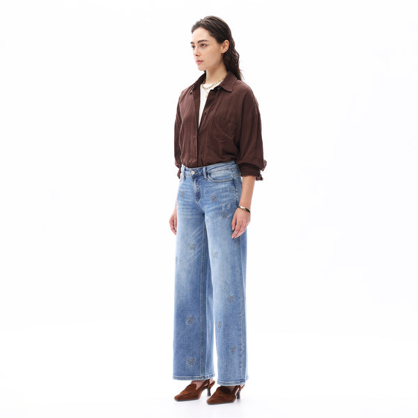 ONESO Women BBL Jeans Mid-Low Rise Wide Leg Stretch Relaxed Fit Embroidered Jeans Flat Tummy Design Simple Basic Trousers