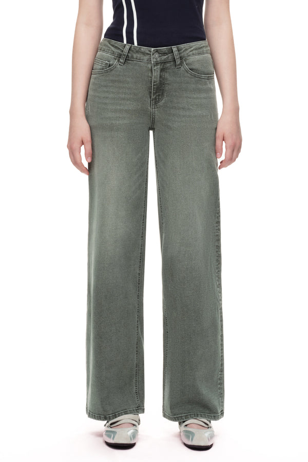 ONESO Army Green Mid Rise Wide Leg Jeans