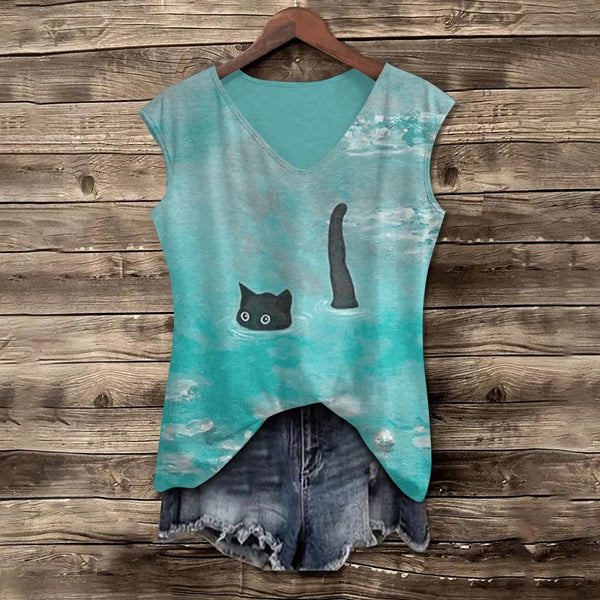 Women's Oil Painting Cat V-neck Tank Top