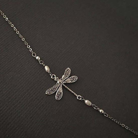 SILVER DRAGONFLY ANKLET WITH PEARL