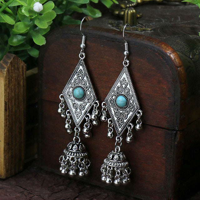 Silver Boho Opal Eye with Bells Earrings