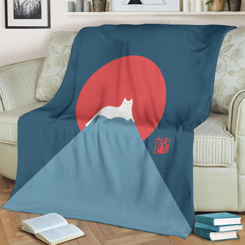 White Cat Snow On Mount Fuji Japanese Art Print Blanket