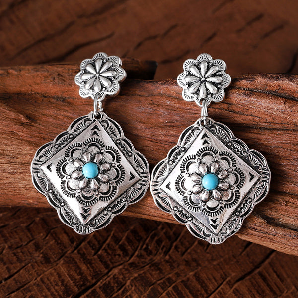 Vintage Diamond Flower Turquoise Earrings