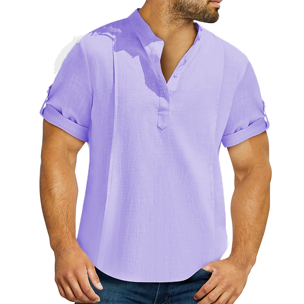 Men's Linen Cotton Henley Shirt Casual Shirt Short Sleeve T-shirt