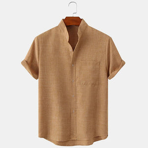 Men's solid colored linen short sleeved lapel shirt