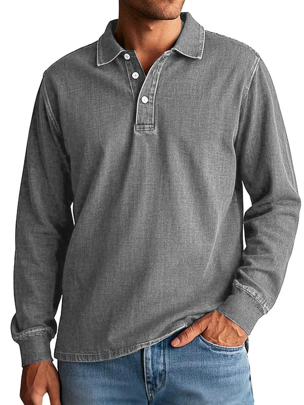 Men's Fashion Retro Washed Distressed Cotton Lapel Long Sleeve Polo Shirt