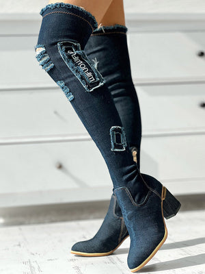 Ripped Over The Knee Denim Boots