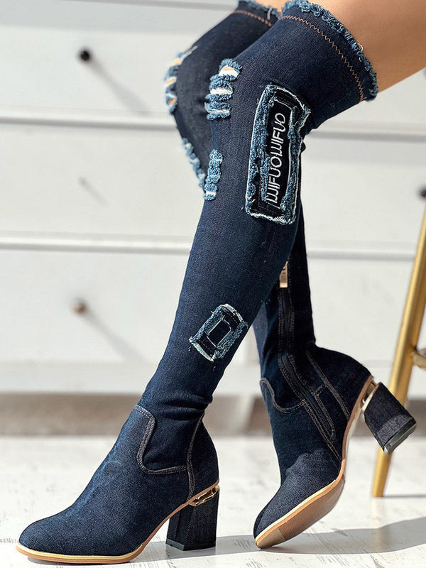 Ripped Over The Knee Denim Boots