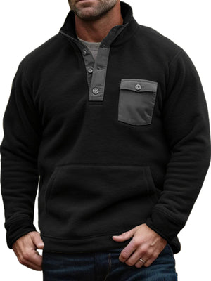 Men's Solid Color Stand Collar Polar Fleece Button Pocket Sweatshirt