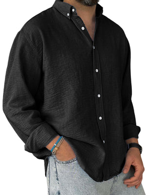 Men's Casual Simple Cotton Lapel Long-Sleeved Shirt