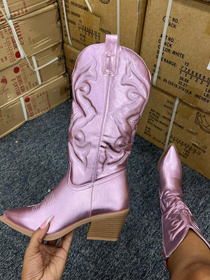 Metallic PU Leather Cowboy Boots