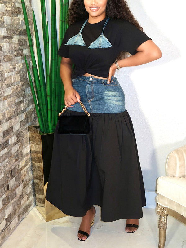 Patchwork Denim Top & Maxi Skirt