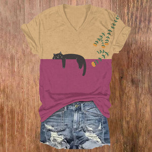 Abstract Creative Lazy Black Cat Painting Art V-neck T-shirt