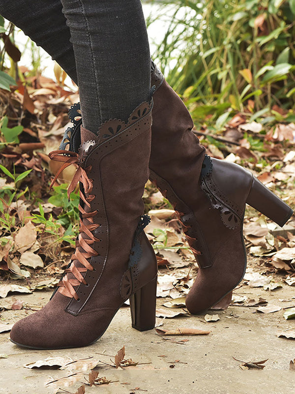 Chunky Heel Lace Up Mid Calf Boot