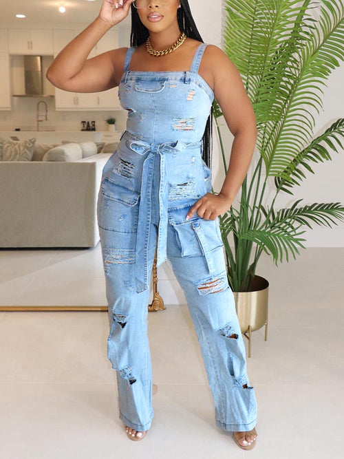 Ripped Cargo Denim Jumpsuit