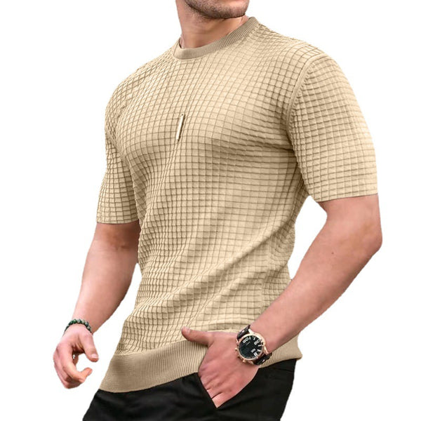 Men's New Small Square Lattice T-shirt Round Collar Casual Half-Sleeve Top