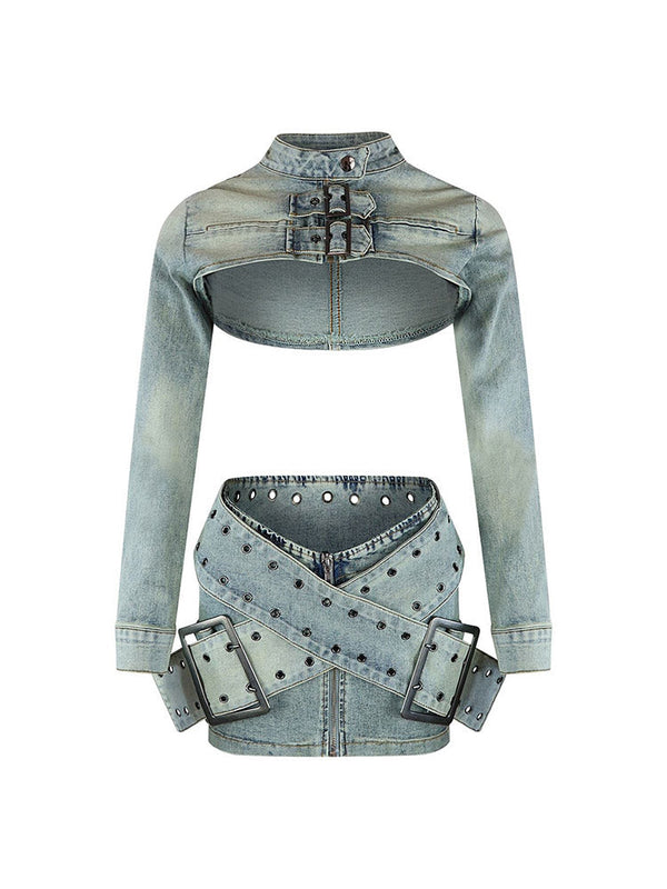 Denim Buckle Bolero Jacket & Skirt Set