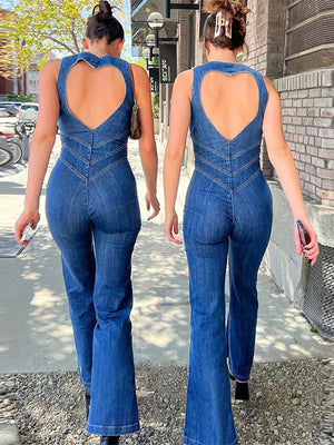 Heart Shape Backless Denim Jumpsuit