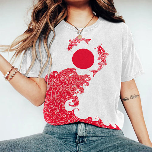 Japanese Style Red Koi Line Drawing Printed T-shirt