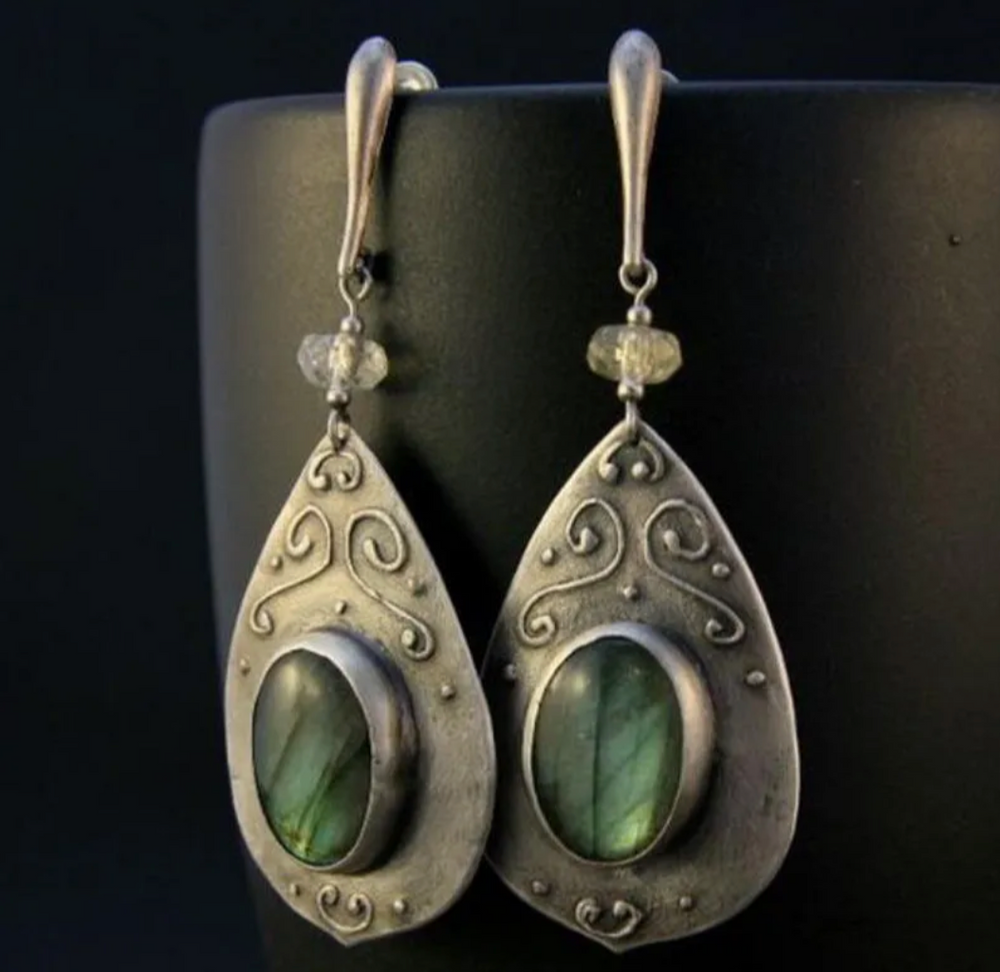 Vintage Green Inlaiad Stone Drop Earrings