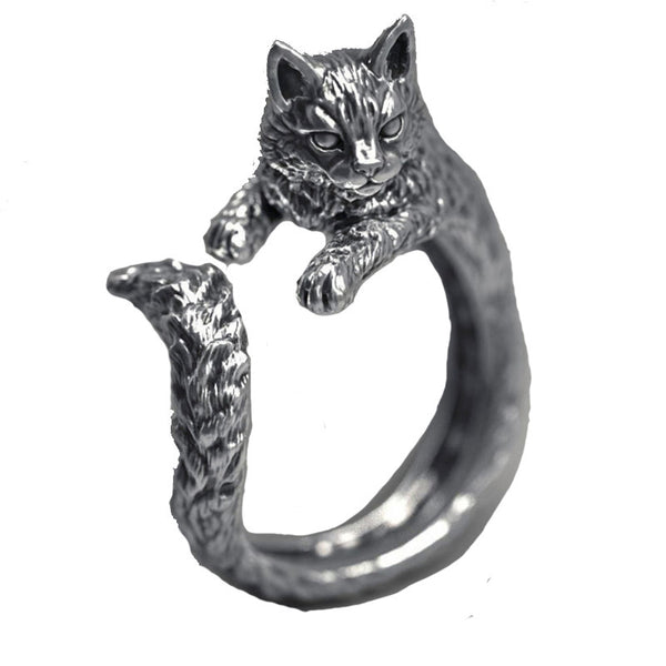 Retro Thai Silver Black Cat Ring Pet Cat Live Ring