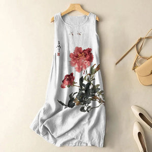 Vintage Japanese Ink Flower Calligraphy Art Print Sleeveless Midi Dress