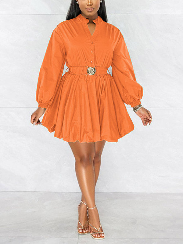 Belted Puffy Sleeve Solid Dress