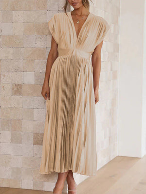 Sleeveless V Neck Pleated Maxi Dress