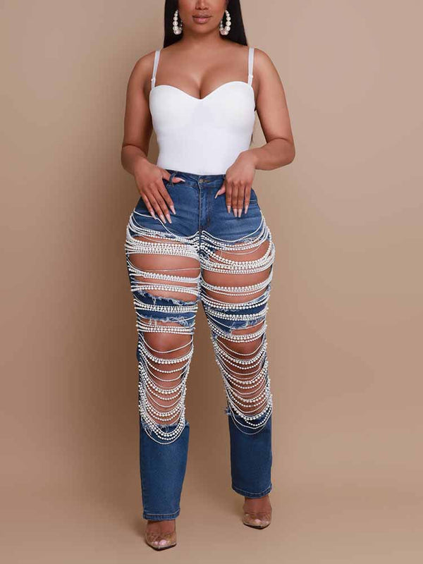 Pearl Rhinestone Denim Jeans