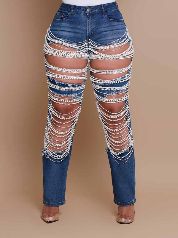 Pearl Rhinestone Denim Jeans