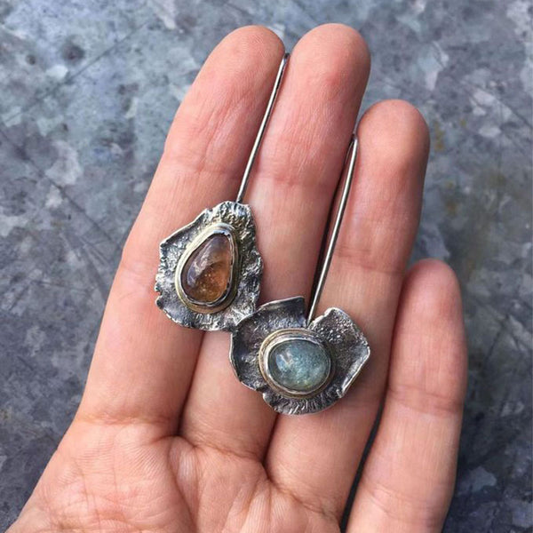 Vintage old metal drop opal earrings