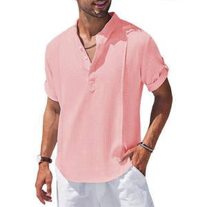 Men's Linen Cotton Henley Shirt Casual Beach Hippie Shirts Short Sleeve T Shirts