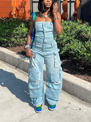 Denim Strapless Cargo Jumpsuit