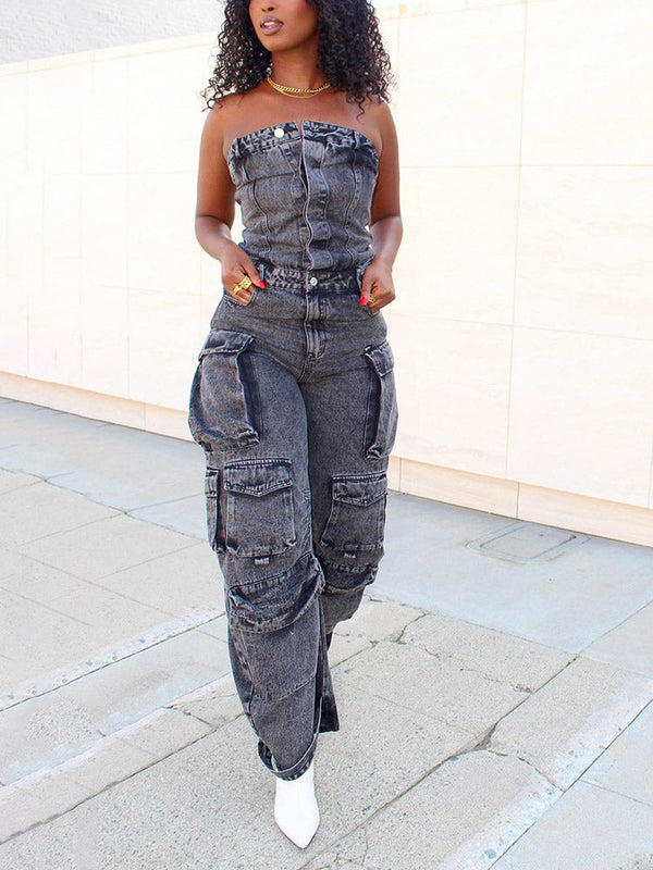 Denim Strapless Cargo Jumpsuit