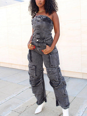 Denim Strapless Cargo Jumpsuit