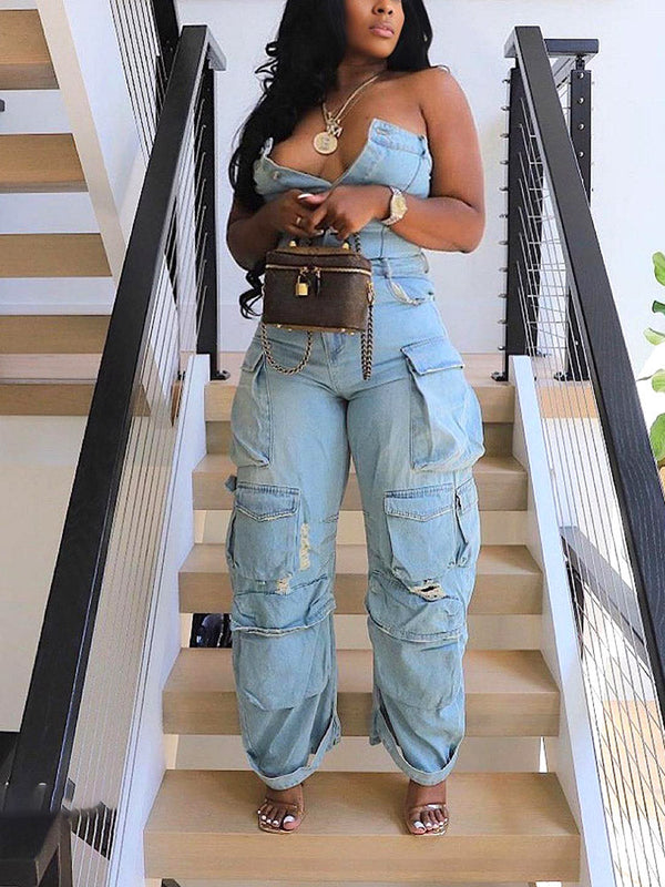 Denim Strapless Cargo Jumpsuit