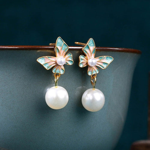 Enamel butterfly pearl earrings