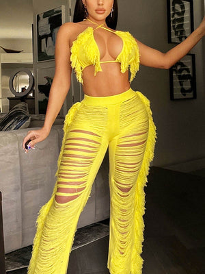 Fringe Trim Halter Crop Top & Pants Set