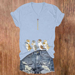 Japanese Cartoon Cat Print V-neck T-shirt