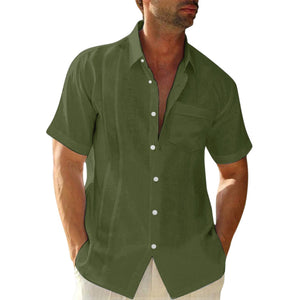 Men's summer lapel solid color cotton and linen cardigan casual short-sleeved shirt