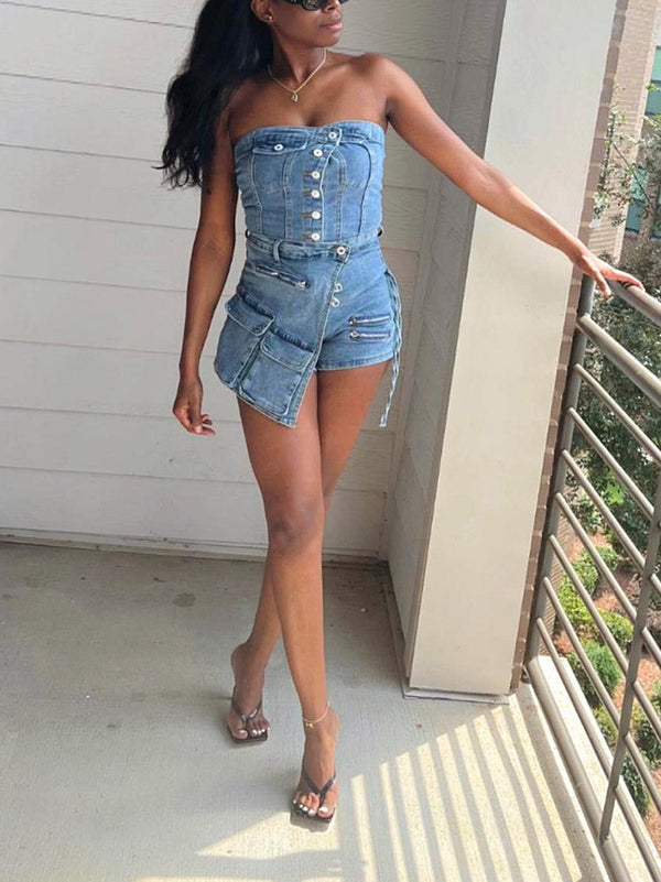 Denim Tube Top Cargo Skort Set